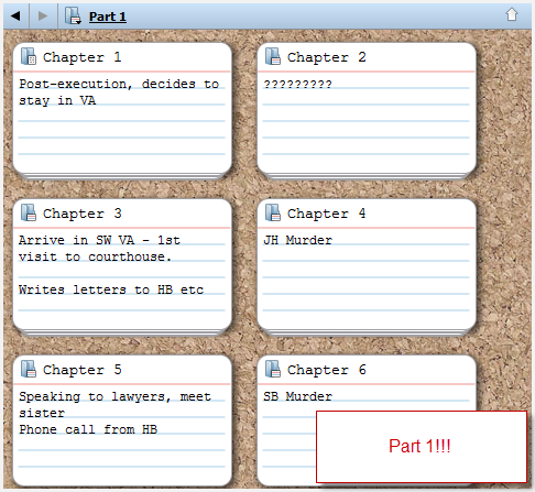 criv7 a part of my book laid out on the scrivener corkboard