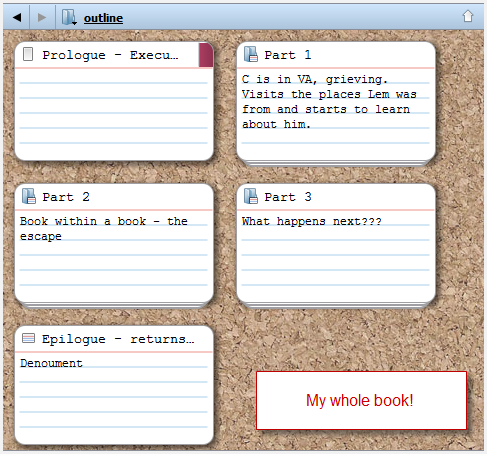 scriv8 My book laid out in parts on the scrivener corkboard