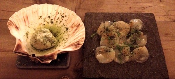 Scallop in parsley butter with scallop carpaccio